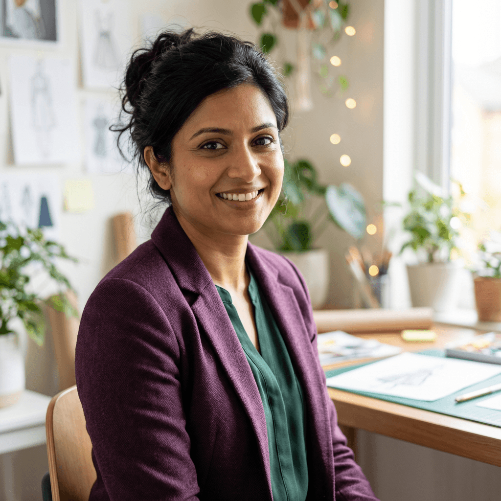 Priya Patel in business professional attire in office