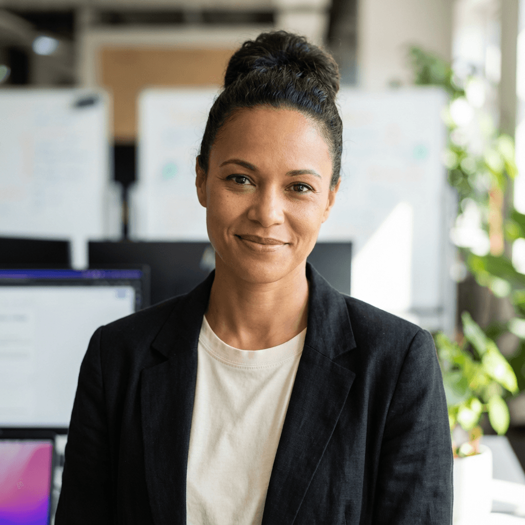 Elena Fraser in a professional blazer in a modern office