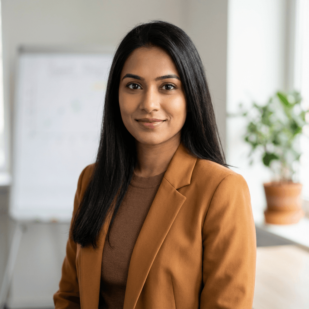 Priya Shah in a professional blouse in a bright office