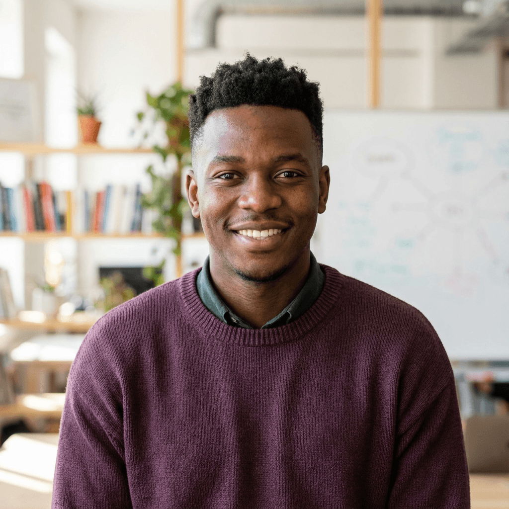 Marcus Webb in a tailored suit in a corporate office