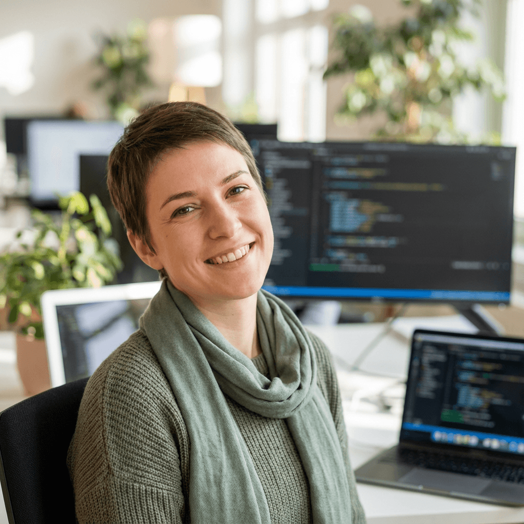 Female IT consultant in a bright meeting room with a whiteboard and multiple monitors