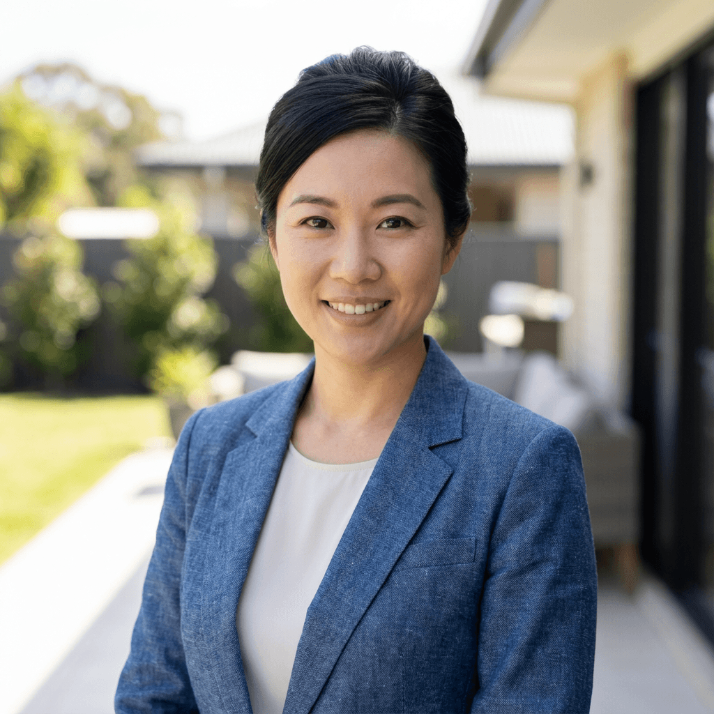 Sarah Mitchell in business casual attire in bright office