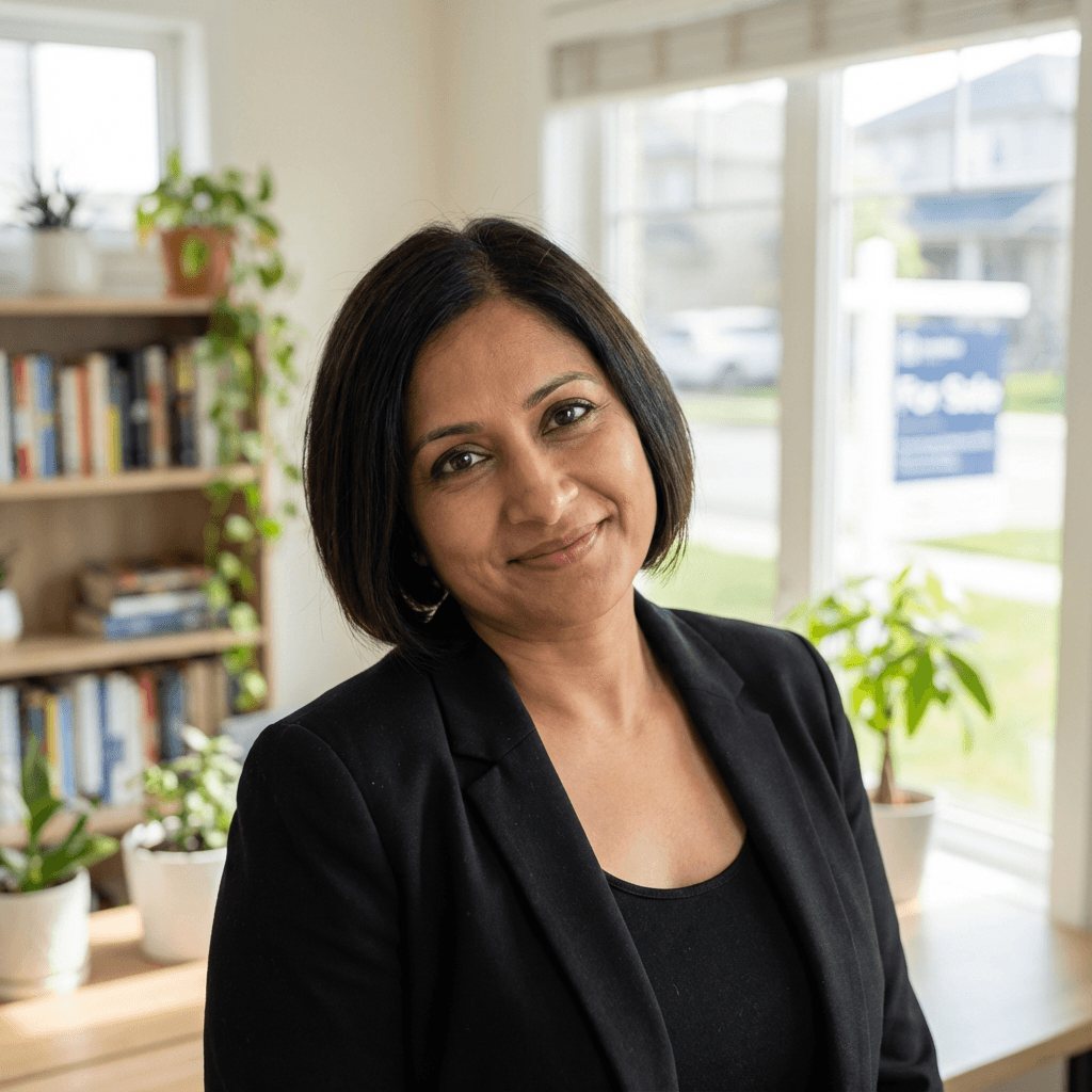 Female office manager in her early 30s, South Asian, warm professional