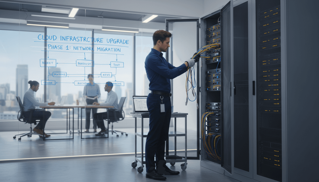 IT consultant working on server equipment in a modern office
