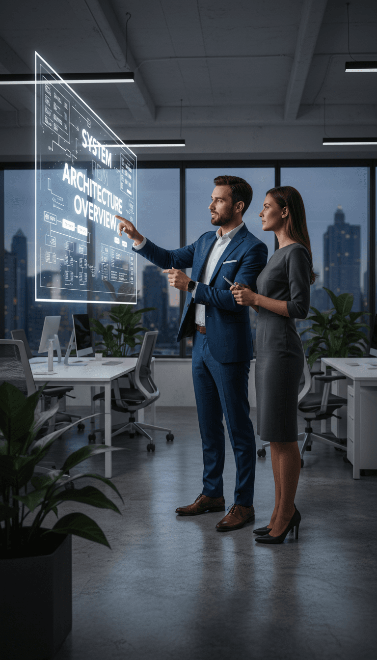 IT consultant reviewing system plans with a client in a modern Toronto office