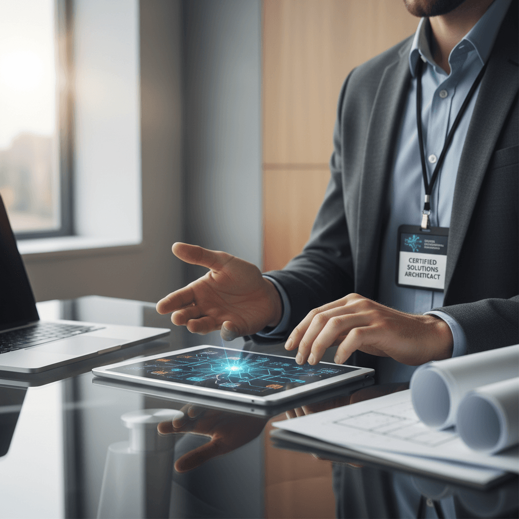 IT consultant reviewing system plan with a client in a modern office