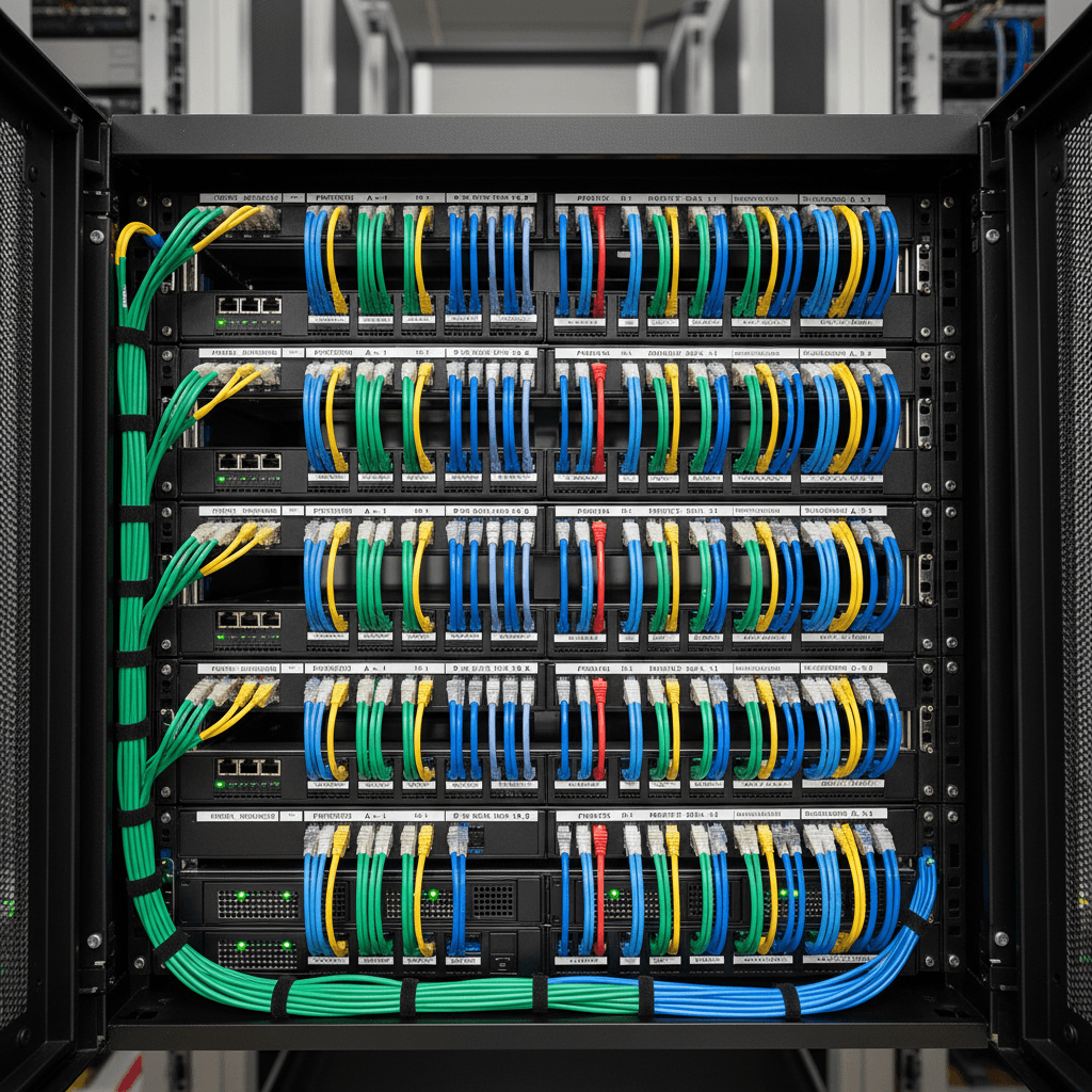 network switch with cables in a clean server room