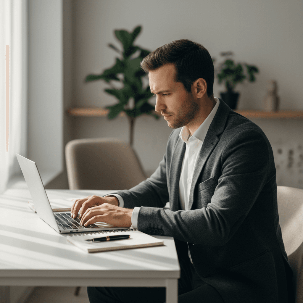 person working efficiently at desk with laptop in bright office