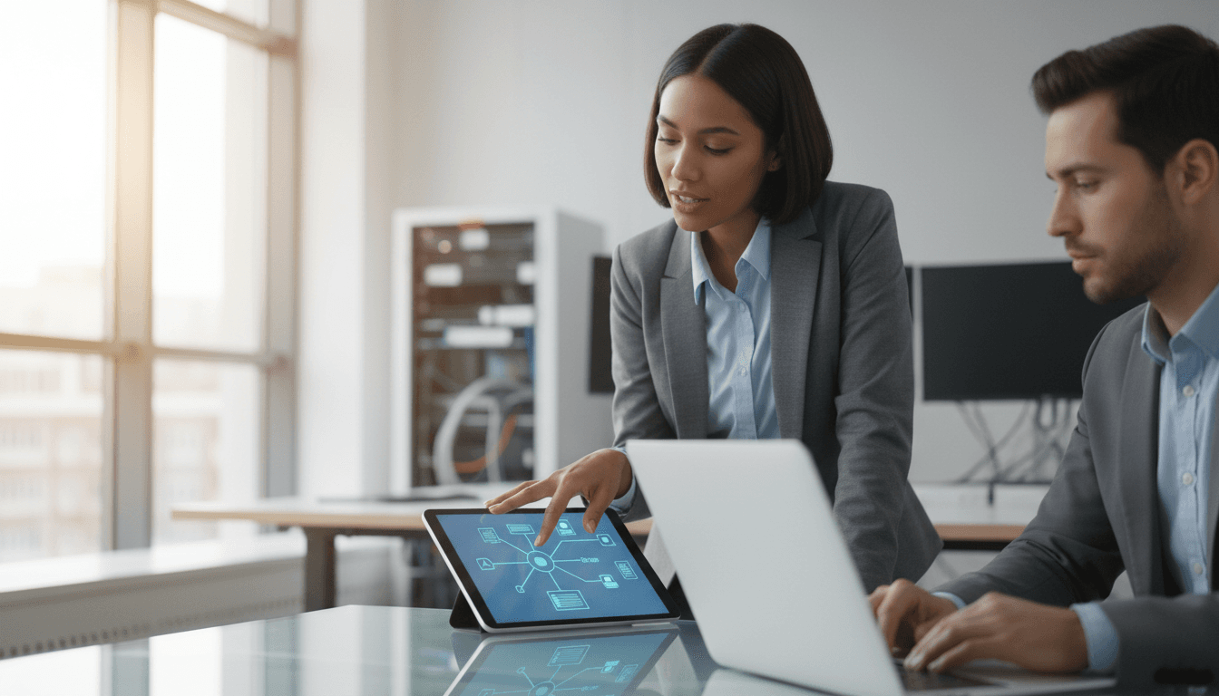 IT consultant discussing network setup with a client in a bright office
